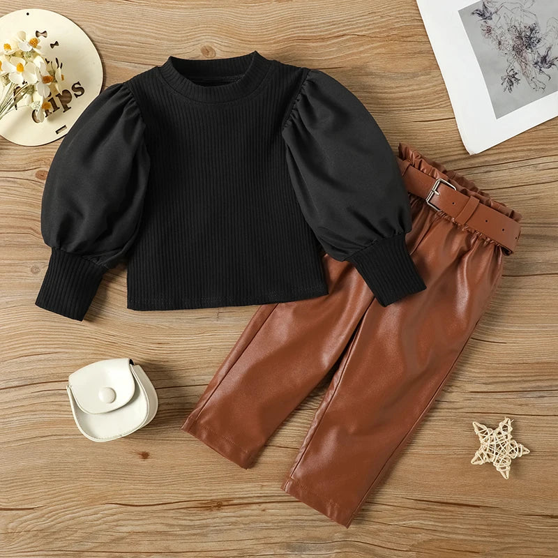 Kids Girls Clothing Set Long Puff Sleeve Ribbed Blouse Tops+PU Leather Pants with Belt 2pcs For Girls' Clothing Size 1 2 3 4 5 6