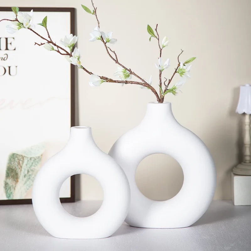 Imitation Ceramic Pure White Vase Decorative Vasen Single Branch Flower Arranging Ornament Donut Design Flowerpot Table Decor