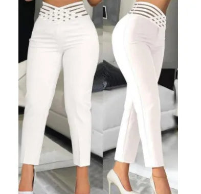 Elegant Wide Leg Fashion Office Trousers Casual Crisscross Sheer Mesh Patch High Waist Women's Flared Pants Y2k Streetwears 2024