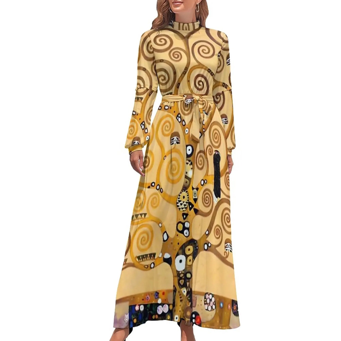 Klimt Art Dress High Neck Adele Gallery Custom Bohemia Dresses Long Sleeve Street Fashion Long Maxi Dress Cute Vestido