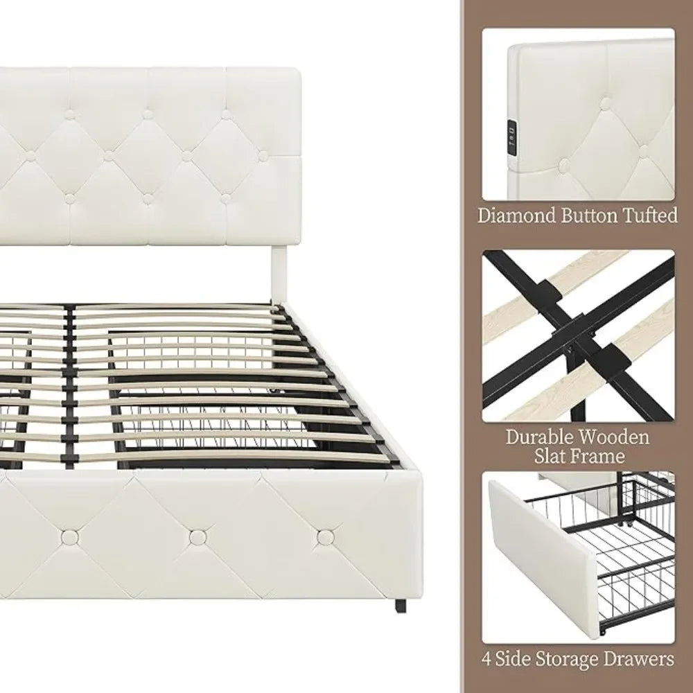 Full Size Upholstered Bed Frame with 2 USB Charging Faux Leather Platform Bed with Strong Wooden Slats, Bed Bases