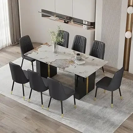 Dining Room Table Set , Faux Marble Table Set for 8 with PU Leather Chairs for Kitchen, Bar, Living Room,Dining Table and Chairs