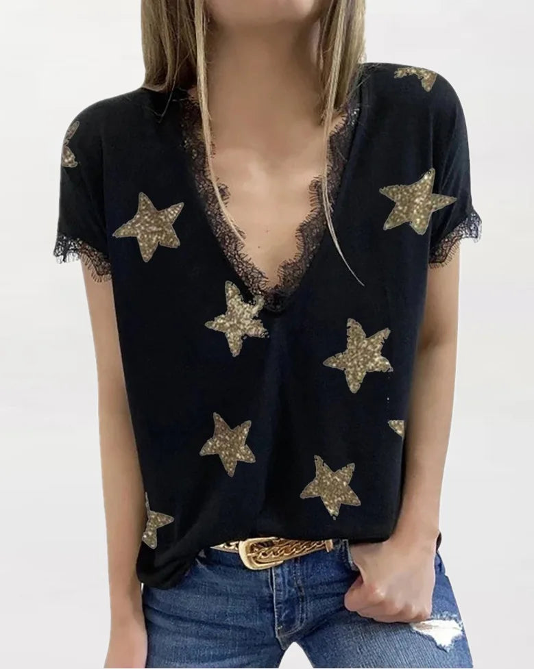 Sexy V Neck Short Sleeve Shirt Blouse Office Lady Spring Summer Fashion Casual Solid Star Print Shirts For Women 2024 Female Top