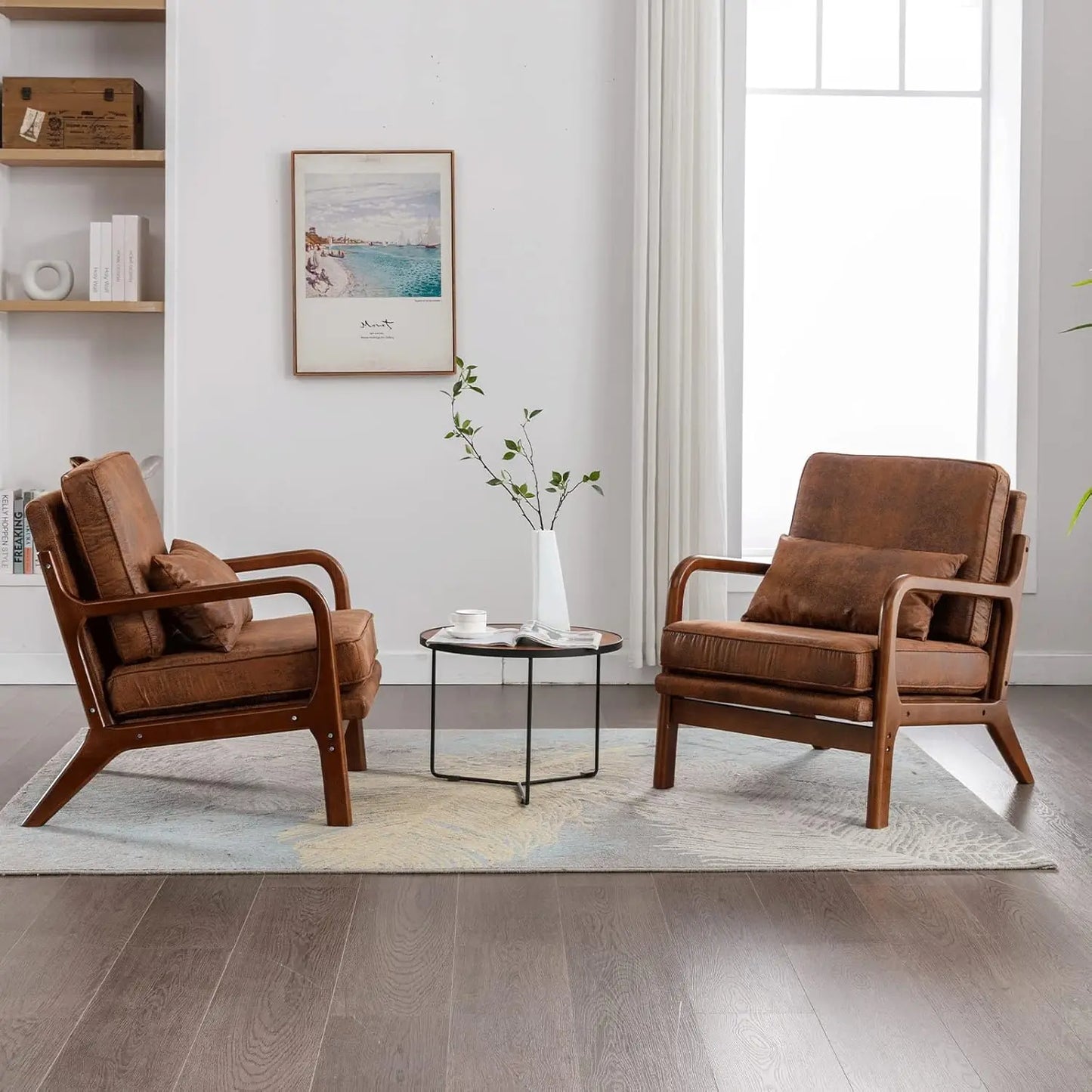 Mid Century Modern Accent Chair Set of 2 Living Room- Comfy Solid Wood Arm Chair with Lumber Pillow Lounge Decorative Brown Leat