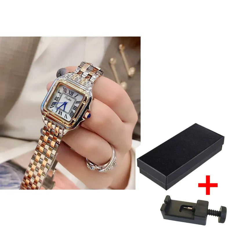 Luxury Steel Strap Square Chic Quartz Watch for Women's Fashion Roman Chassis Hand Waterproof Fashion Wrist Watch Relogio Femino