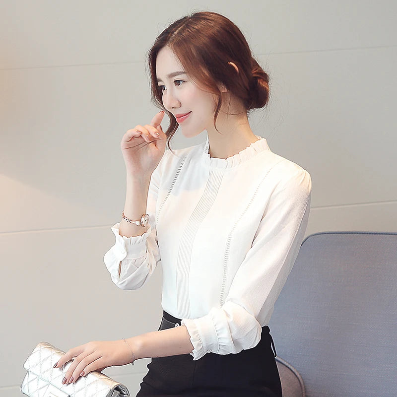 Women Shirts Blouses Long Sleeve White Shirt Chic Folds Chiffon Blouse OL Basic  Female Tops 2024 Fashion Elegant Woman Clothing