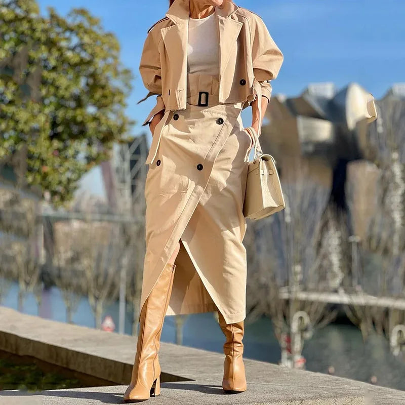 Casual Cargo Temperament Button Belt Dress Set Women Stand Collar Short Jacket Tops and High-waisted Slit Skirt Office Two-Piece