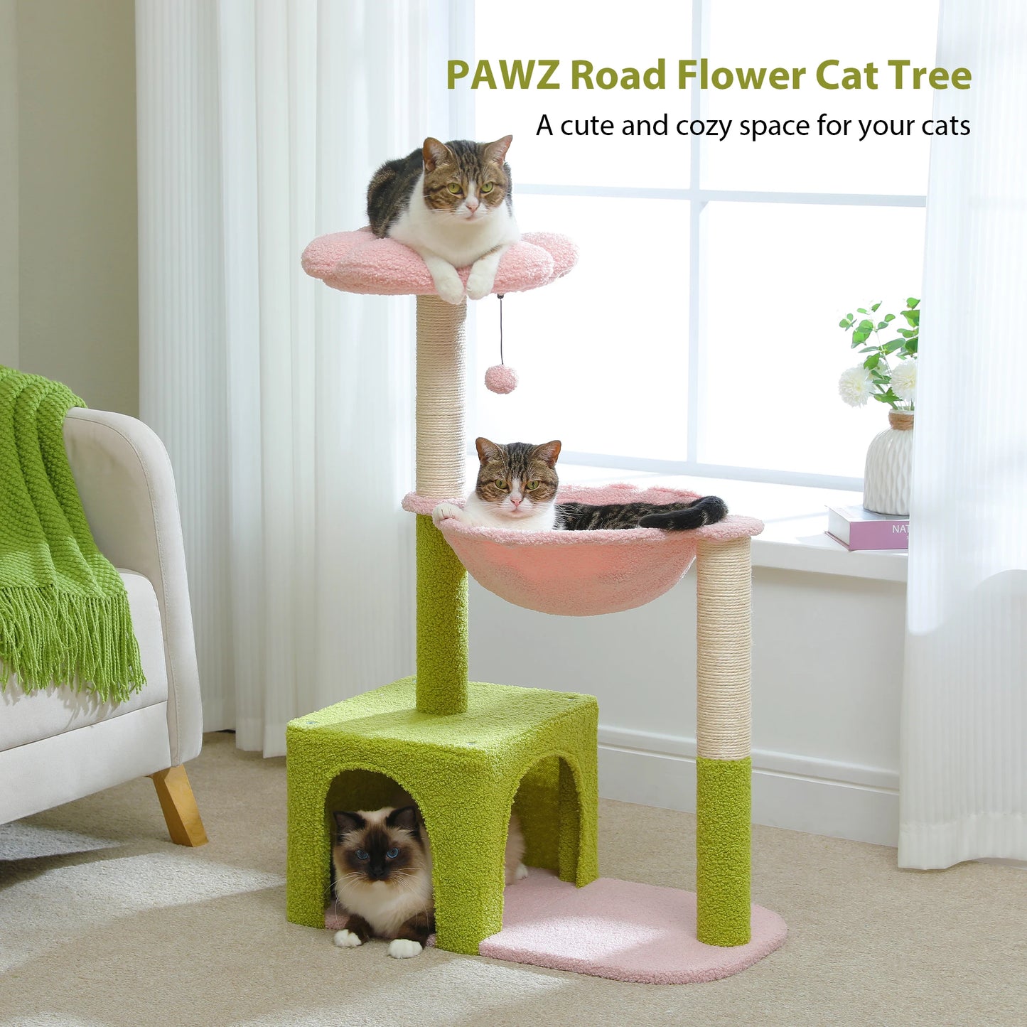 Flower Cat Tree with Large Hammock, Cute Cat Tower with Sisal Scratching Posts for Indoor, Cat Condo with Top Perch for Kittens