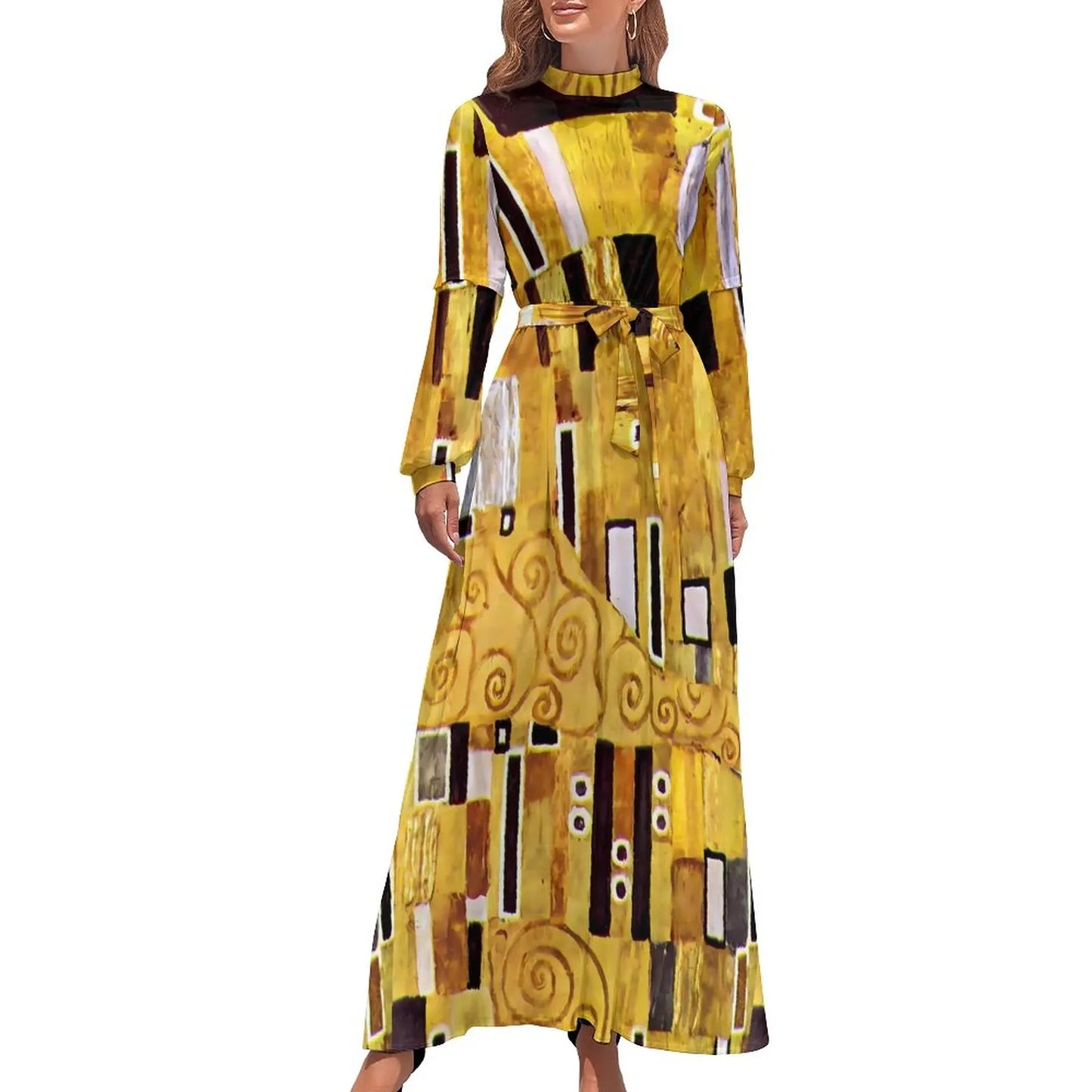 Klimt Art Dress High Neck Adele Gallery Custom Bohemia Dresses Long Sleeve Street Fashion Long Maxi Dress Cute Vestido