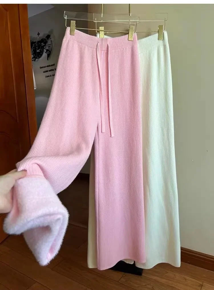 2023 Slim Simple Knit Wide-leg Pants Women's Autumn and Winter High-waisted Moped Pants Thick Casual Pants Straight