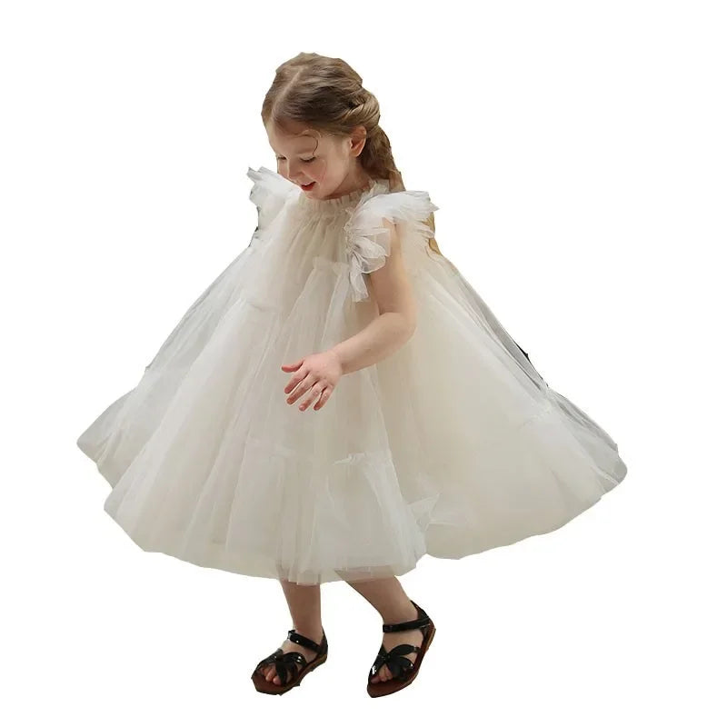 HoneyCherry Girls Handmade Splicing Fluffy Gauze Princess Dress Summer New Foreign Dresses Party Dress for Kids Girl