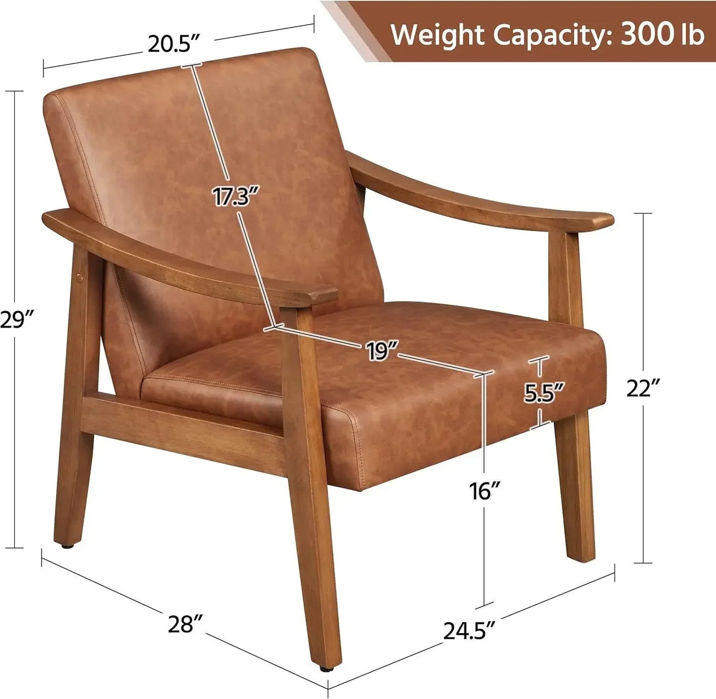 PU Leather Accent Chair, Mid-Century Modern Armchair with Solid Wood Legs, Reading Leisure Chair with High Back