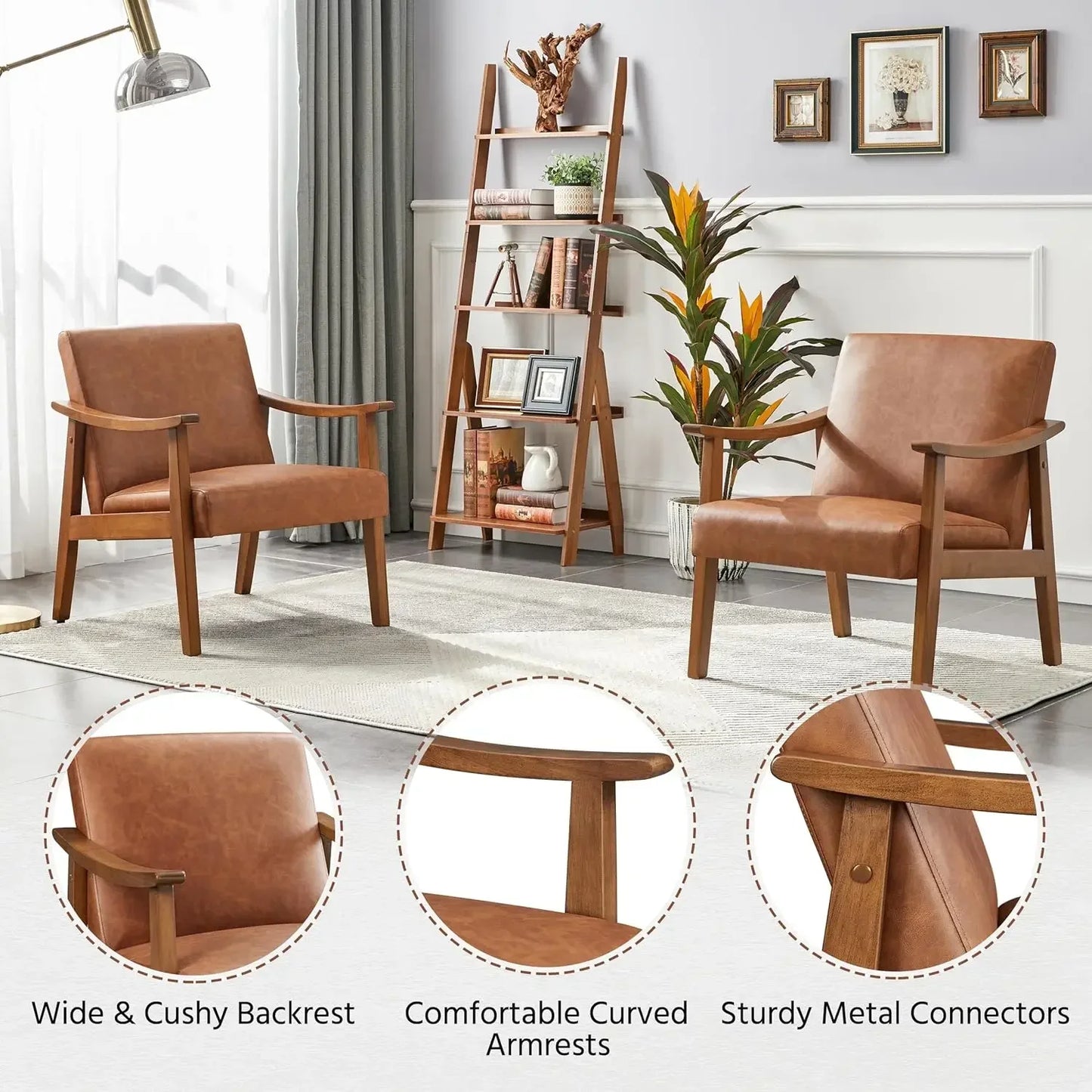 PU Leather Accent Chair, Mid-Century Modern Armchair with Solid Wood Legs, Reading Leisure Chair with High Back