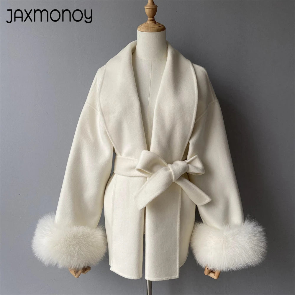 Jaxmonoy Women's Wool Coat with Real Fox Fur Collar and Cuffs Autumn Winter New Arrival Ladies Wool Jacket 2024 New In Outerwear