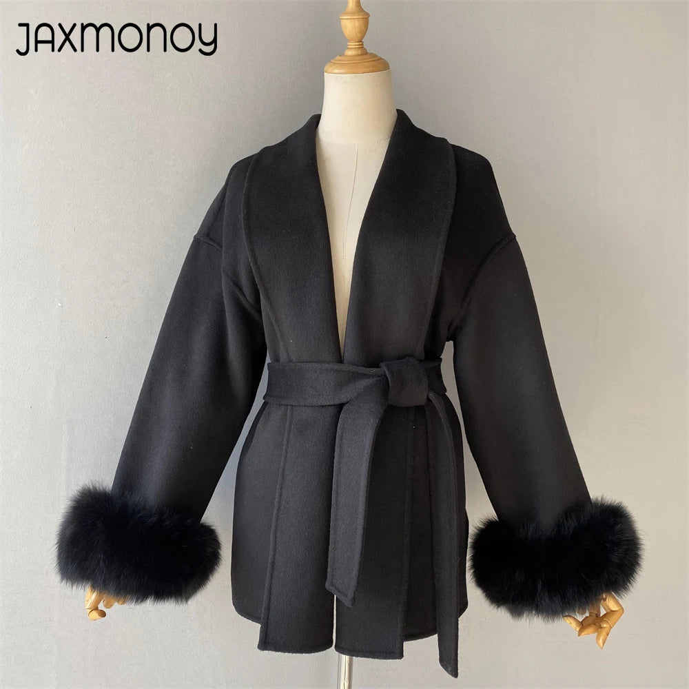 Jaxmonoy Women's Wool Coat with Real Fox Fur Collar and Cuffs Autumn Winter New Arrival Ladies Wool Jacket 2024 New In Outerwear