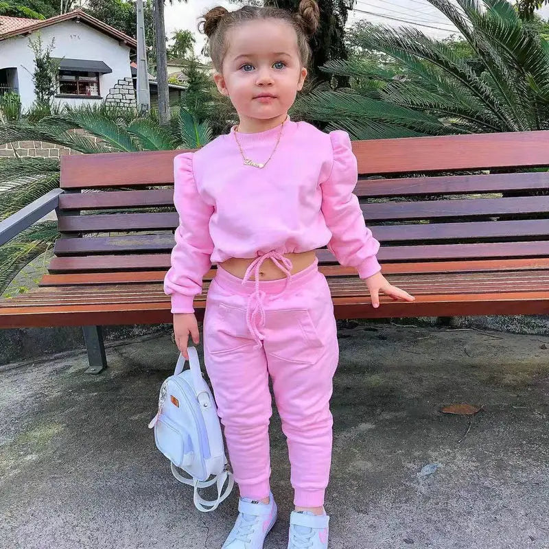 1-8Years Children's Kids Girls Fall Clothing Outfits Solid Color Long Sleeve Crop Tops+Sport Pants Trousers Fashion Clothes Sets