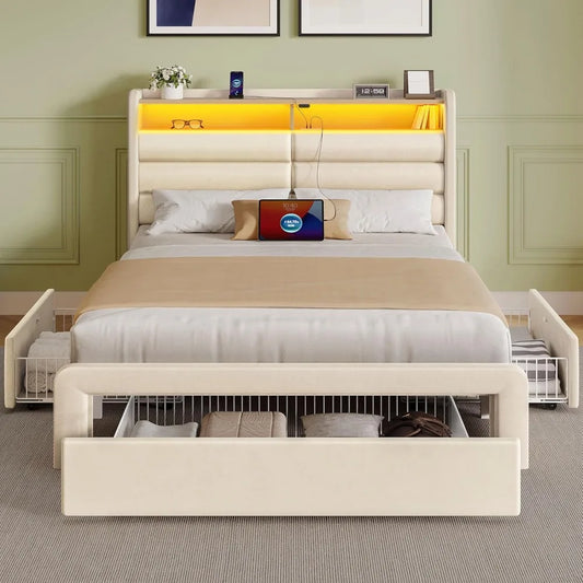 Twin Size Bed Frame with 4 Storage Drawers & Charging Station, Upholstered Platform Bed with Storage Headboard and LED Light