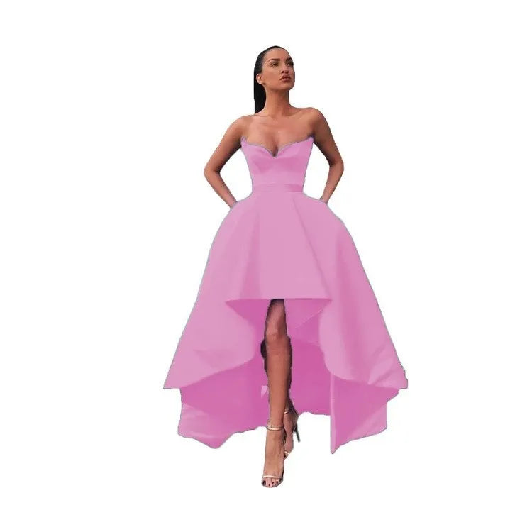 Puffy wedding satin waist tight bandeau evening dress