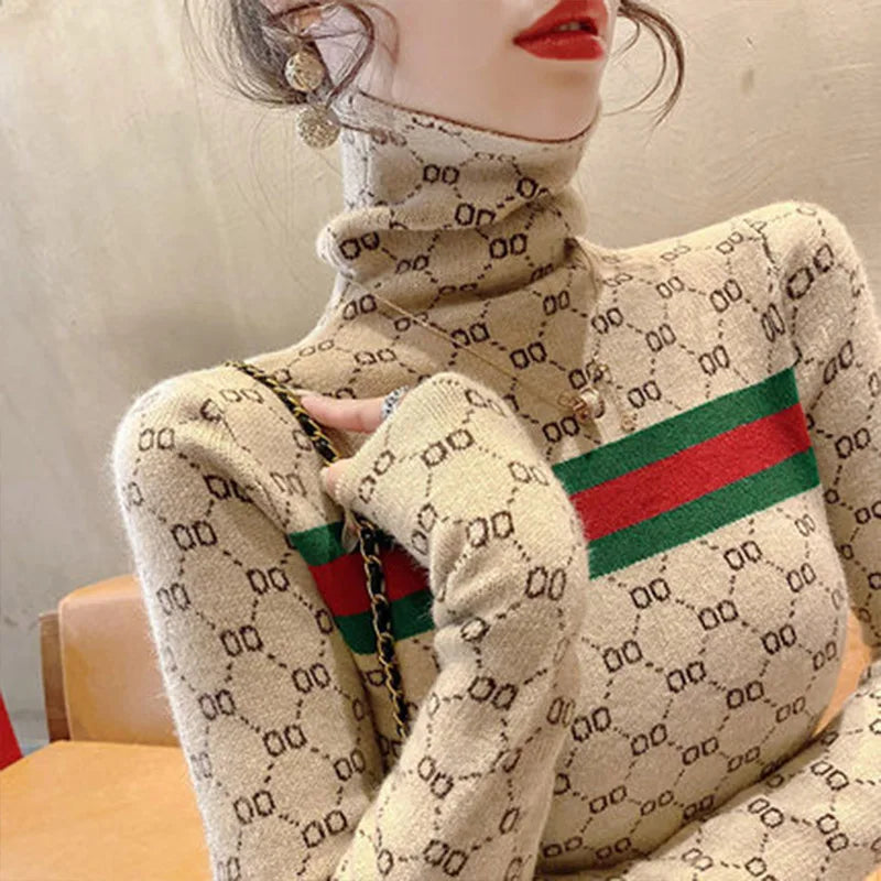 Women Clothing Fashion Striped Turtleneck Sweaters Autumn Winter Letter Jacquard Knit Pullovers Elastic Slim Soft Wool Tops