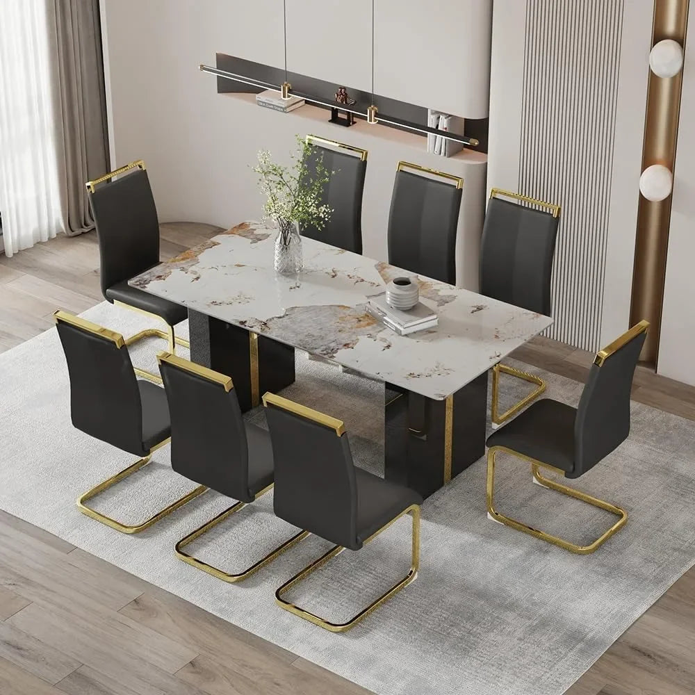 Dining Room Table Set , Faux Marble Table Set for 8 with PU Leather Chairs for Kitchen, Bar, Living Room,Dining Table and Chairs