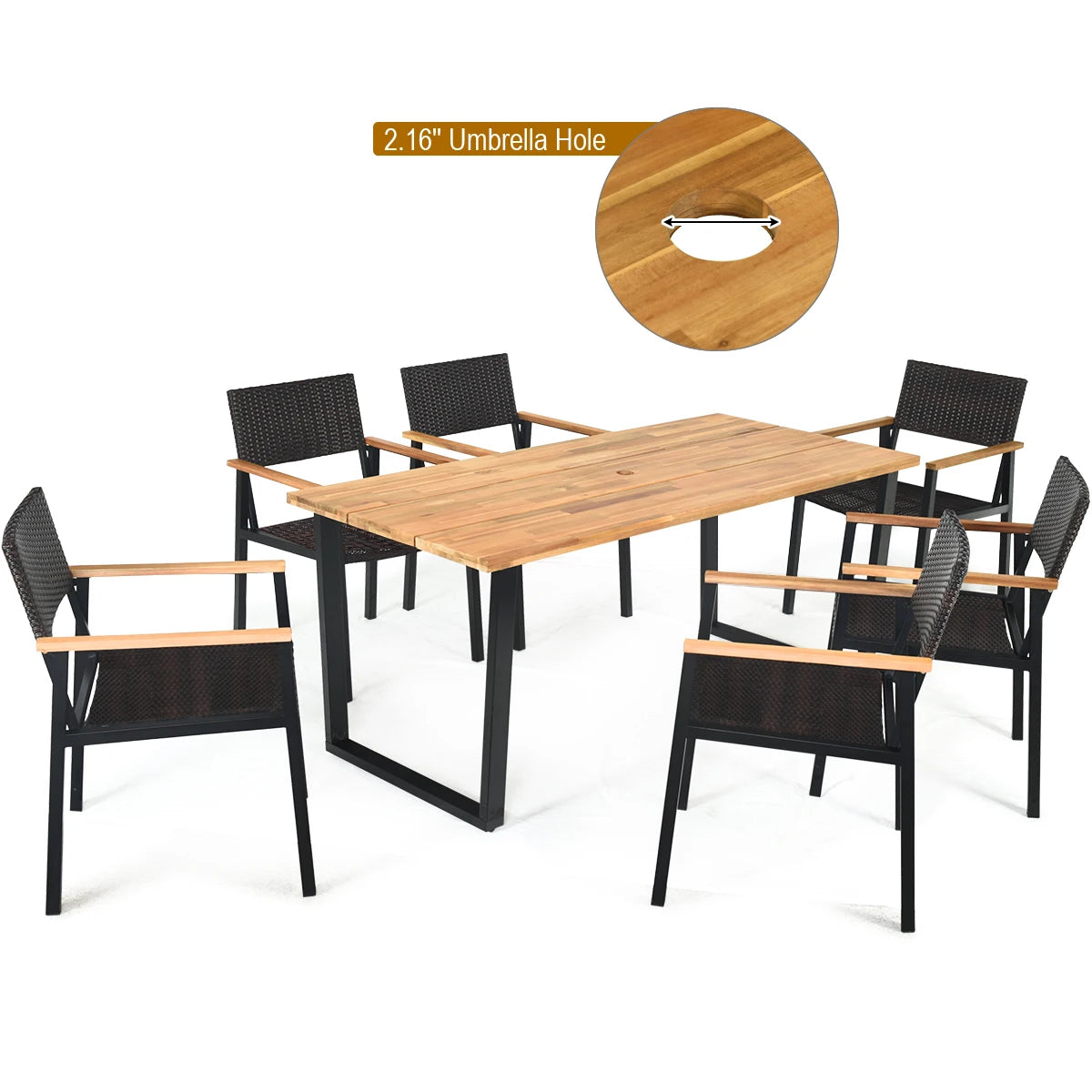 7PCS Patio Rattan Dining Chair Table Set Solid Wood with Umbrella Hole Patented