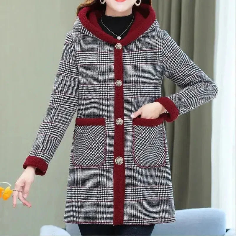 Add Velvet Plaid Coat Female Tops Middle Aged Women's Mid-Length Cotton-Padded Jackets Winter Hooded Warm Cold-Proof Overcoat