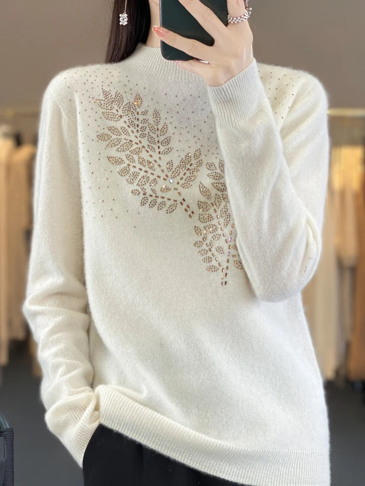 Women Autumn Winter Pure Wool Thickening Sweater Half-high Collar Leaf studded With Diamonds Pullover Female Knitted Basis Top