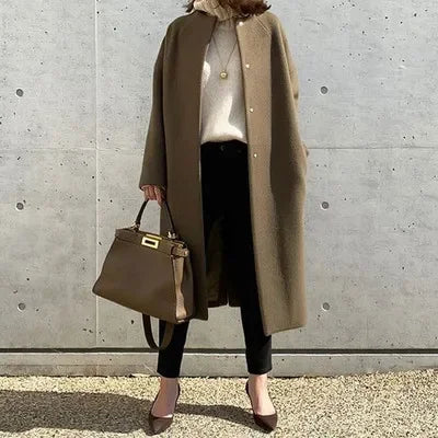 Elegant Woolen Coat for Women Long Sleeve Streetwear Korean Fashion Solid Single Breasted 2023 New Autumn Winter Coats