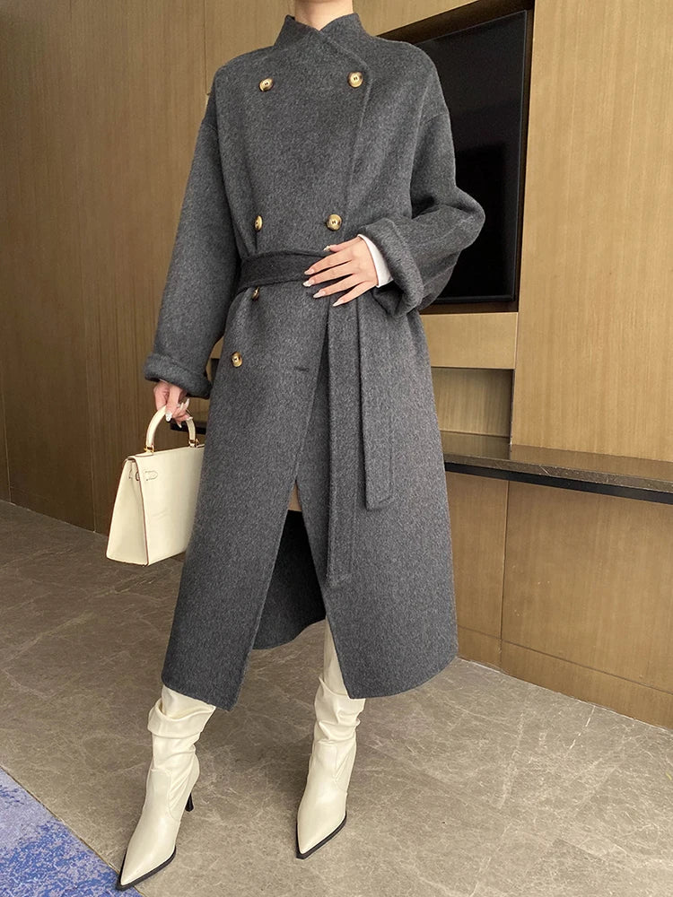 [LANMREM] Elegant Belt Gathered Wool Coat For Women Stand Neck Double Breasted High End Long Outwear 2024 Winter New 26C595