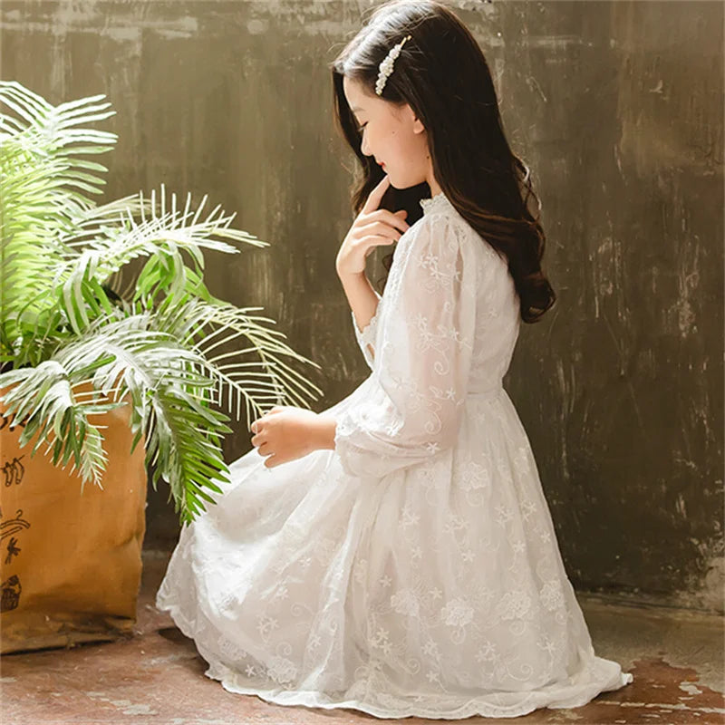 Kids Dresses Teenage White Wedding Party Lace Girl Dress Long Sleeve Children Carnival Spring Autumn 6 8 10 12 14 16 Years