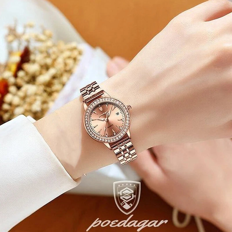 POEDAGAR Ultra Thin Women Watches Rose Gold Luxury Steel Strap Brand Diamond Dial Ladies Watch Bracelet Waterproof Date Clock