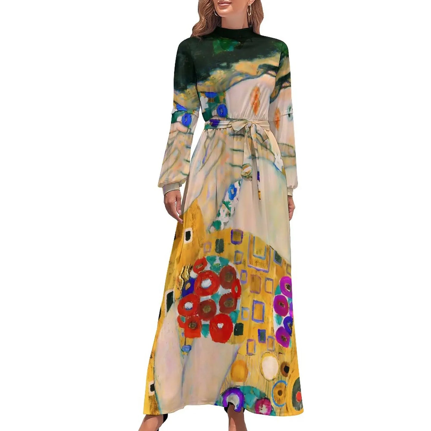 Klimt Art Dress High Neck Adele Gallery Custom Bohemia Dresses Long Sleeve Street Fashion Long Maxi Dress Cute Vestido