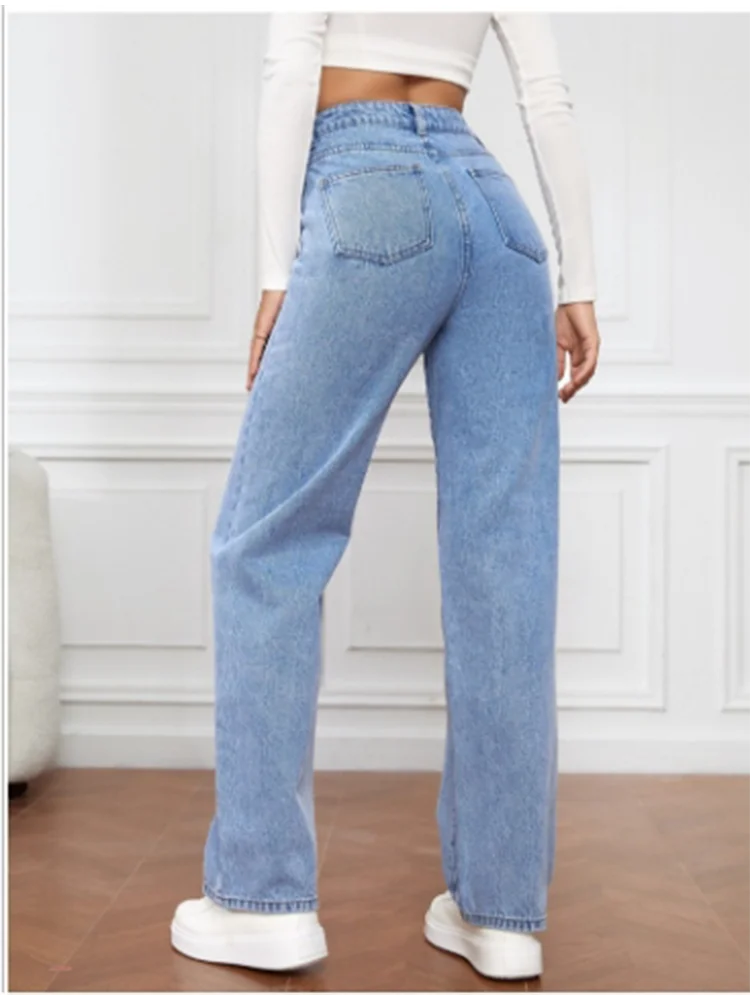 High Waist Light Blue Pocket Jeans Women's Street Simple Casual Autumn Spring Straight Leg Pants