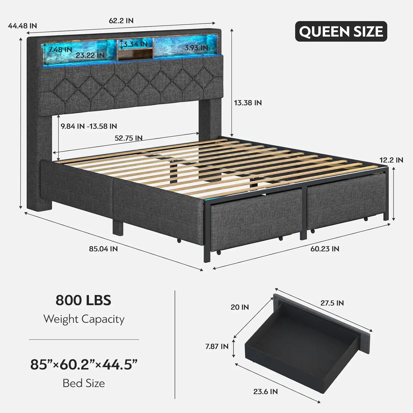 LED Bed Frame Queen Size with Headboard, Queen Platform Bed Frames with Storage Drawers and Charging Station, Upholstered