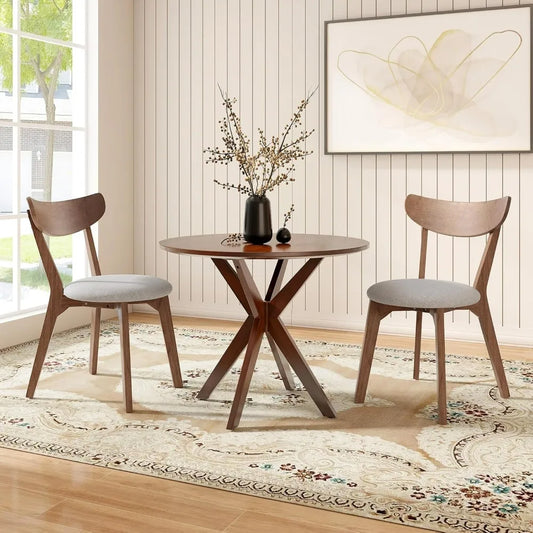 Small Kitchen Table Chairs Set, Mid-Century Wooden Round Dining Table and Two Dining Chairs