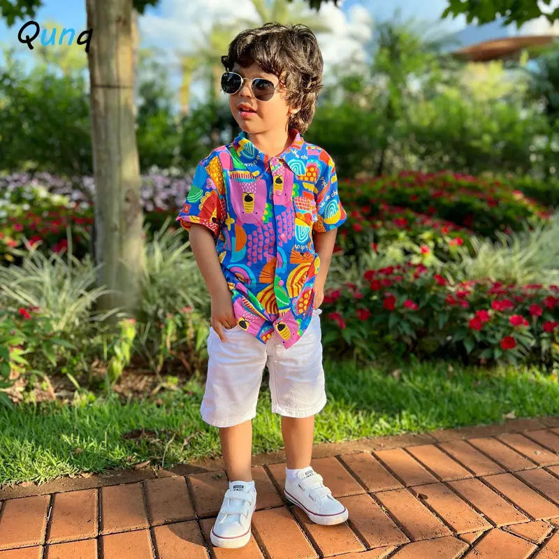 Qunq 2023 Spring Summer Ins New Boys Turn-Down Collar Print Short Sleeve Single Breasted Shirts Casual Kids Clothes Age 3T-8T