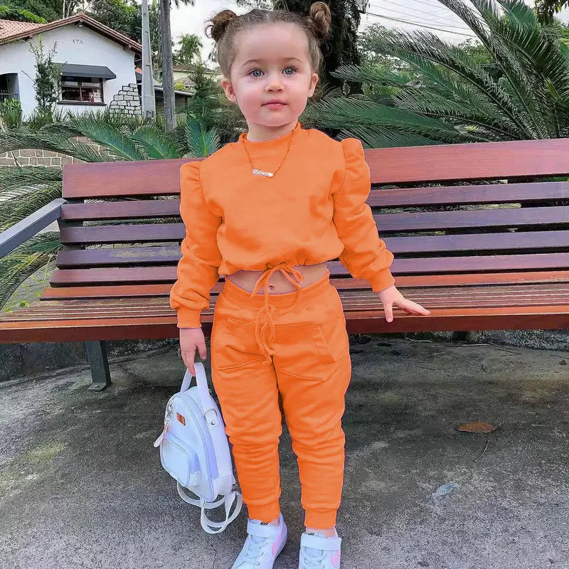 1-8Years Children's Kids Girls Fall Clothing Outfits Solid Color Long Sleeve Crop Tops+Sport Pants Trousers Fashion Clothes Sets