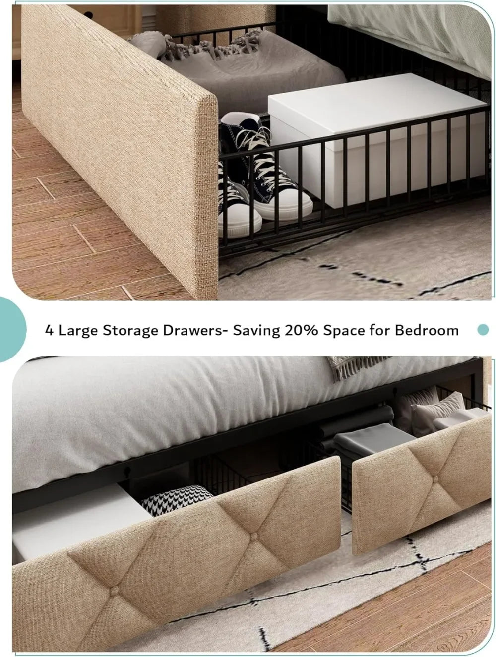 King Size Bed Frame with 4 Storage Drawers, Upholstered Platform Bed Frame with Charging Station,  Wingback Storage Headboard