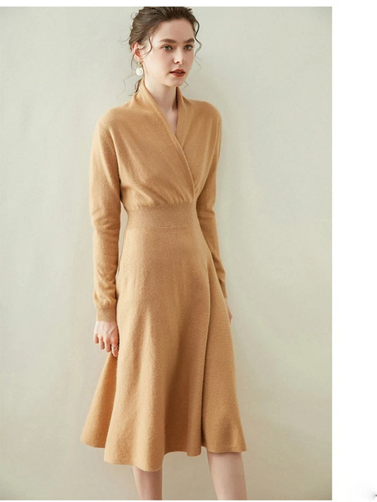 Birdtree Cashmere Wrap-up Dress Crossover V-neck Midi A-line Waist-length Over-the-knee Solid Commuting Knit Skirt D38012QD