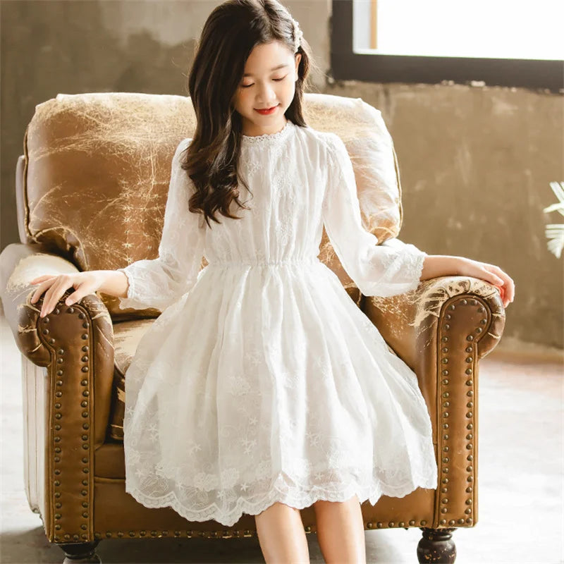 Kids Dresses Teenage White Wedding Party Lace Girl Dress Long Sleeve Children Carnival Spring Autumn 6 8 10 12 14 16 Years