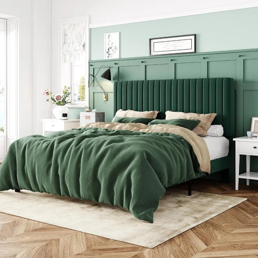 Queen Bed Frame, Velvet Upholstered Platform Bed with Adjustable Vertical Channel Tufted Headboard, Mattress Foundation