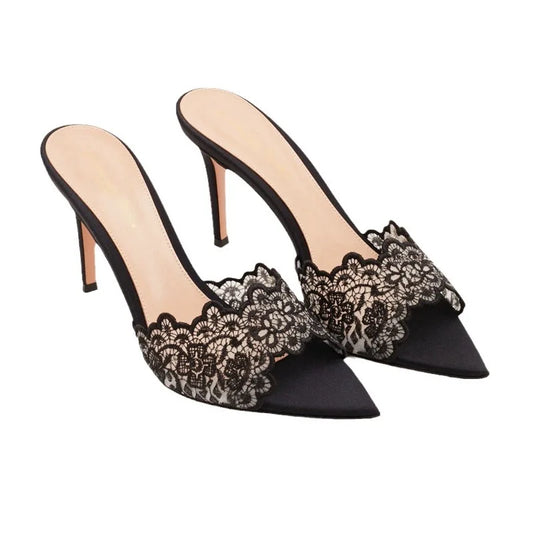 New Summer Women's High-heeled Sandals, Sexy and Comfortable Lace Embroidered Shoes, Mules, Banquet Shoes