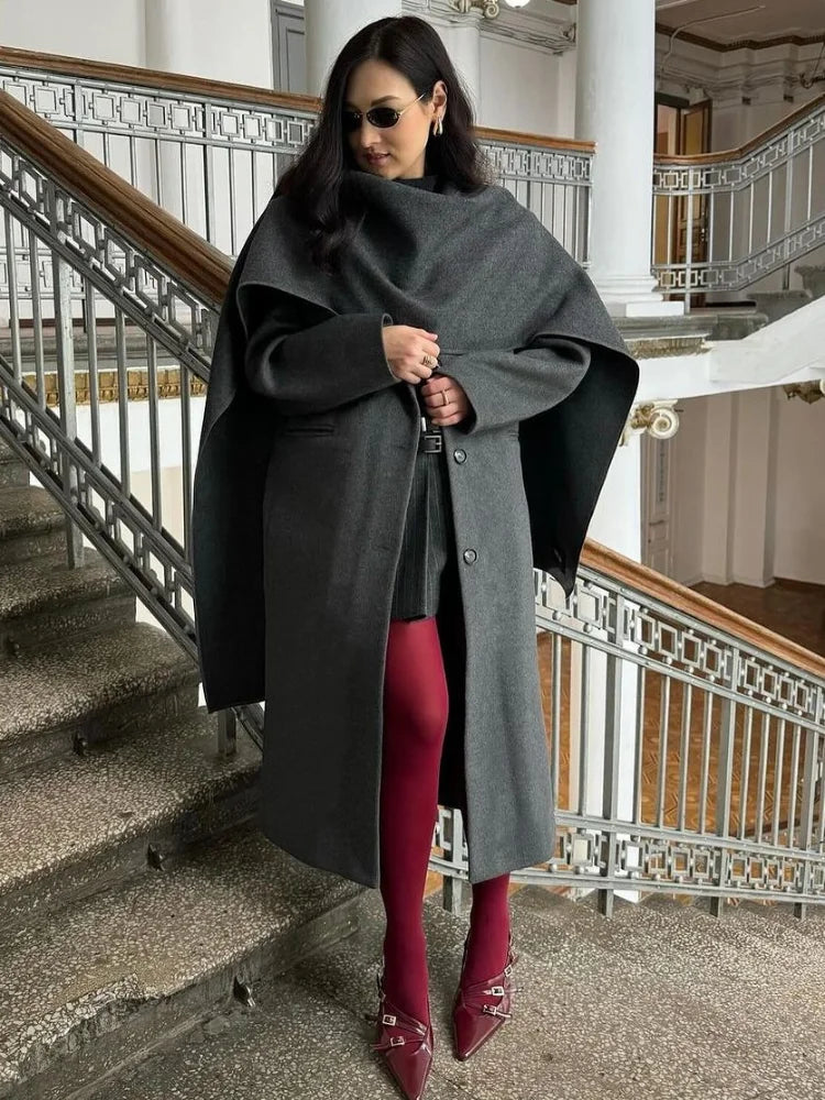 Elegant Oversized Scarf Collar Pockets Woolen Overcoats Women Fashion Buttons Long Sleeve Thicken Jackets 2024 Lady Outerwears