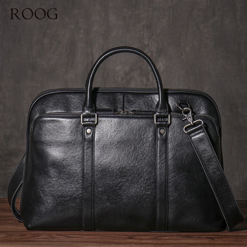 ROOG Luxury Executive Briefcase Casual Business Portfolio Men's Genuine Leather Handbag Office Computer Bags For 16 Inch Laptop