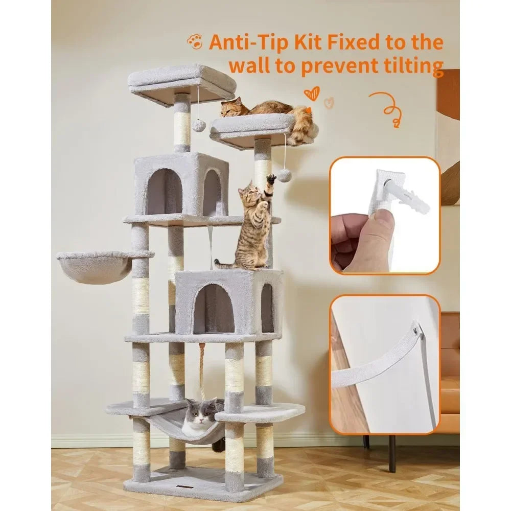 Plush Multi-Level Cat Condo with 13 Scratching Posts, 2 Perches, Cat Tree, 71.7-Inch Cat Tower for Indoor Cats