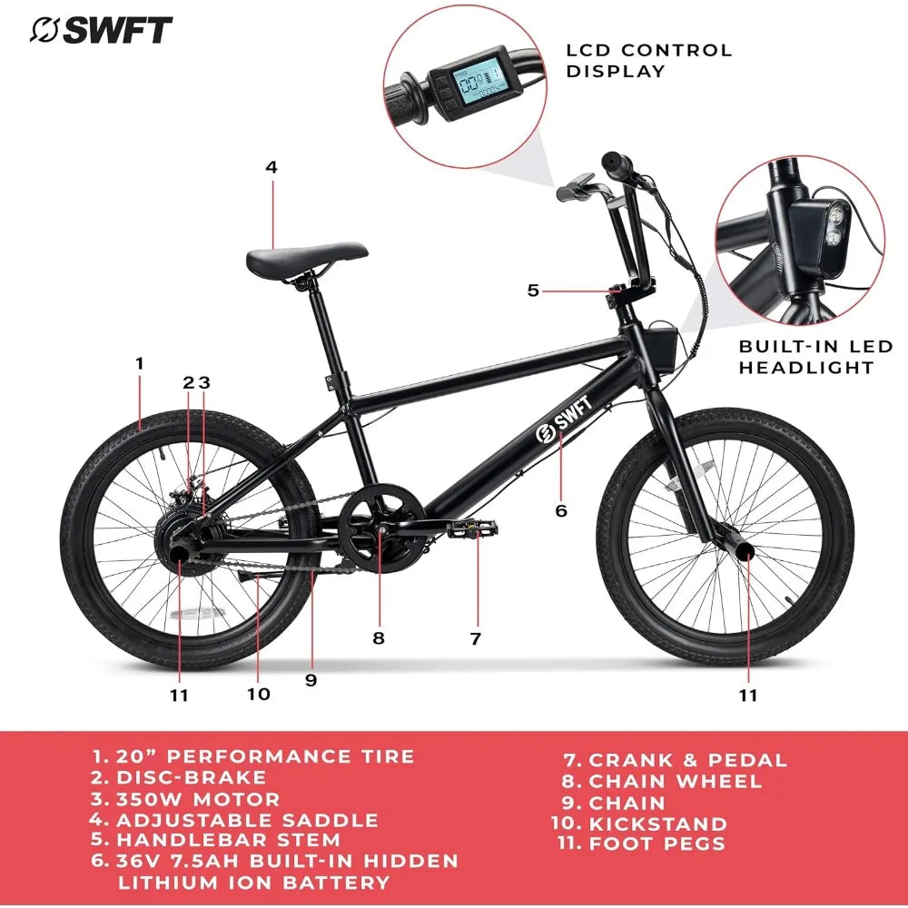 Electric BMX Bike- 35mi Operating Range, 20mph, 20” Performance Wheels, Front & Back Pegs, LCD-Display, Adult E Bike- Black