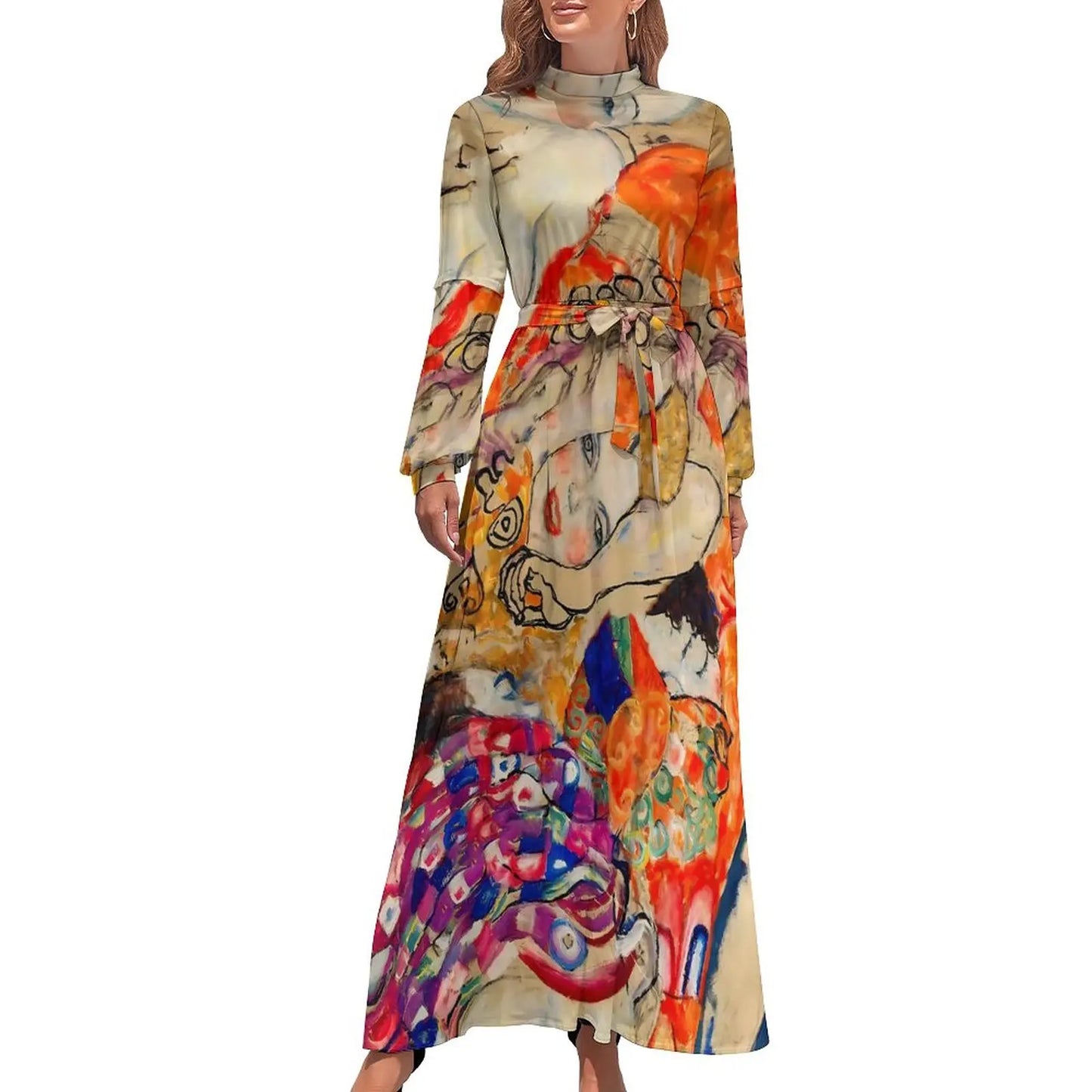 Klimt Art Dress High Neck Adele Gallery Custom Bohemia Dresses Long Sleeve Street Fashion Long Maxi Dress Cute Vestido