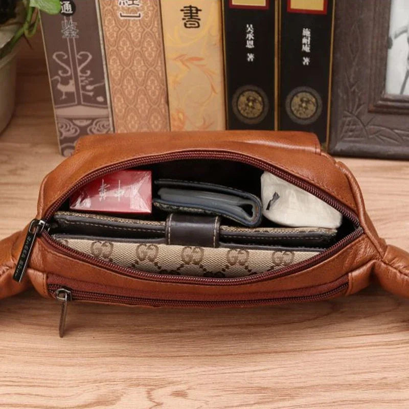 Real Cowhide Men Waist Bags Bum Sling Chest Pack Casual Pocket Shoulder Pouch Male Genuine Leather Loop Hip Belt Fanny Bag