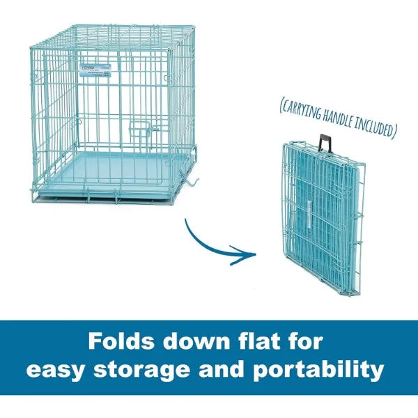 MidWest Homes for Pets Single Door Blue Folding Metal Dog Crate w/ Divider Panel, Floor Protecting 'Roller' Feet & Leak