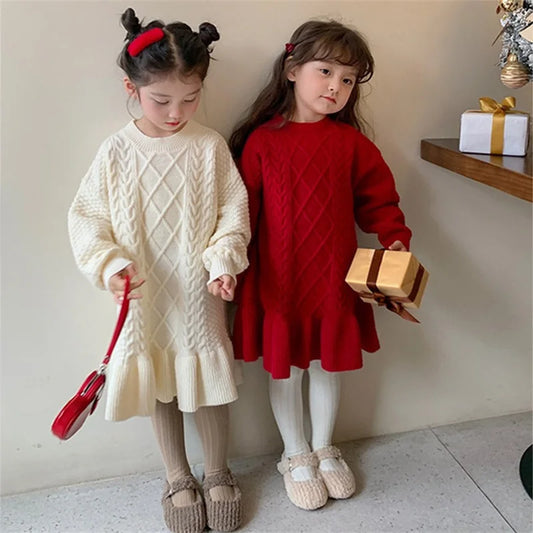 Girls Thicken Knitted Dress Children Autumn Winter Warm Gown Princess Sweaters Vestidos 2024 New Kids Fashion Clothing 2-8Y